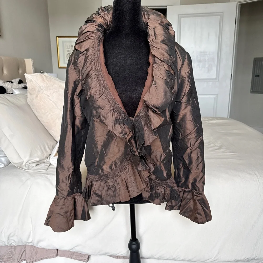 Zina Eva 100% Silk Vintage Brown Ruffle-Trim Jacket